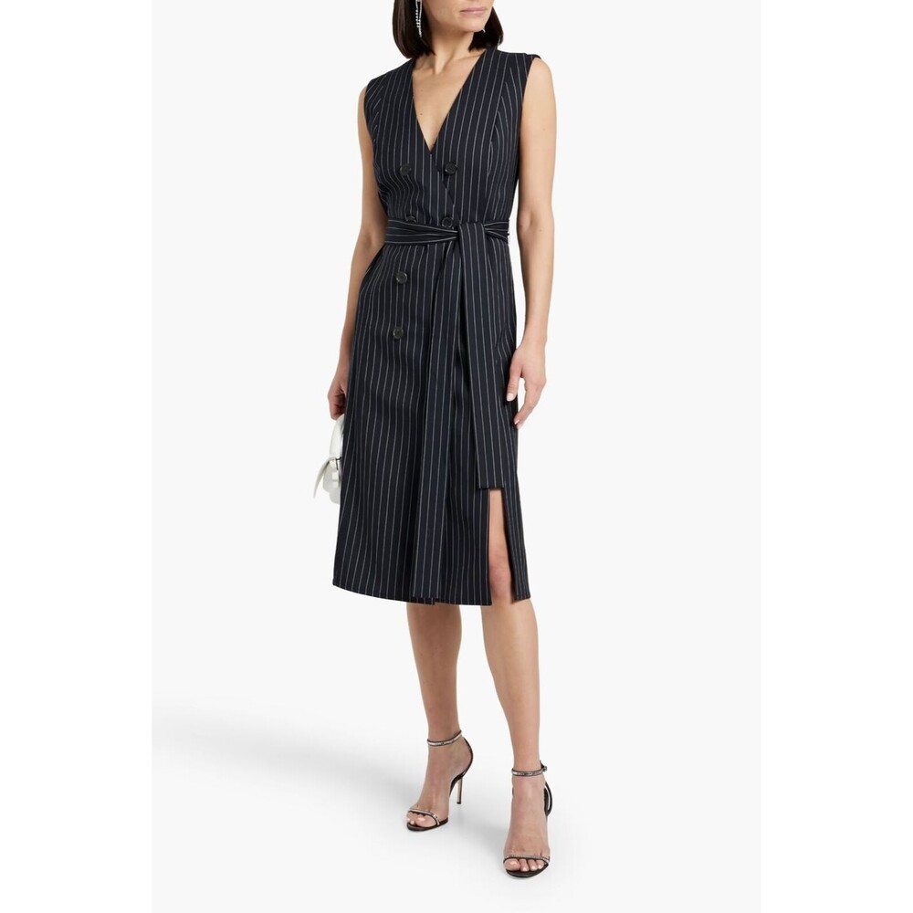 NWT.Carolina Herrera Double-breasted pinstriped wool-blend twill midi dress Sz12